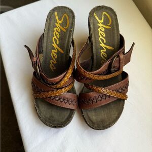 Y2K Rare Skechers Womens 6 Chocolate Brown Braided Cork Wedge Sandals Heels